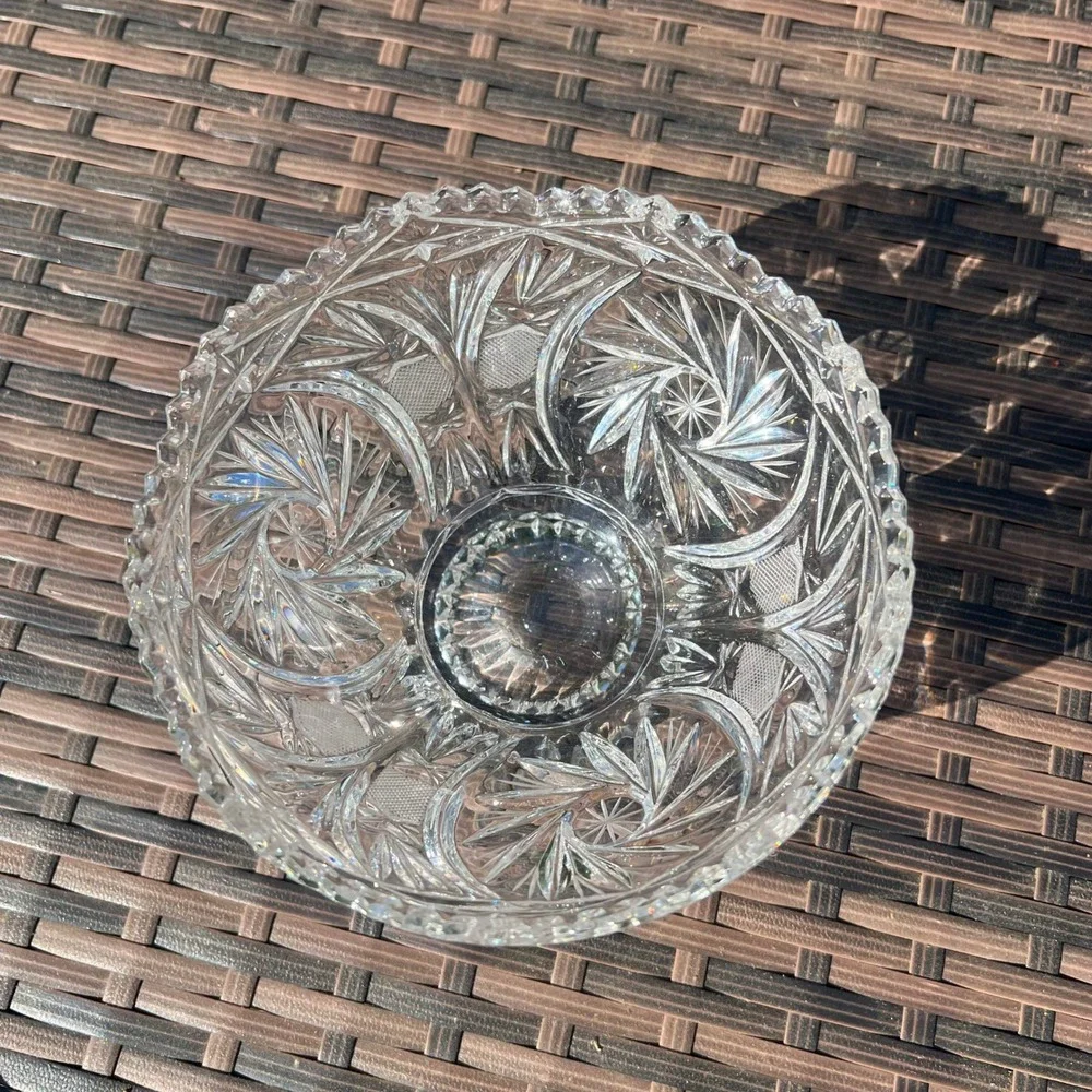 Vintage Cut‎ Lead Crystal Bowl Pinwheel Hobstar Pattern Pedestal Foot Scalloped